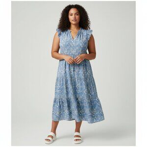 J. CREW Cotton Poplin Tiered Midi Dress Floral Blue/White/Black Woman Size XXL